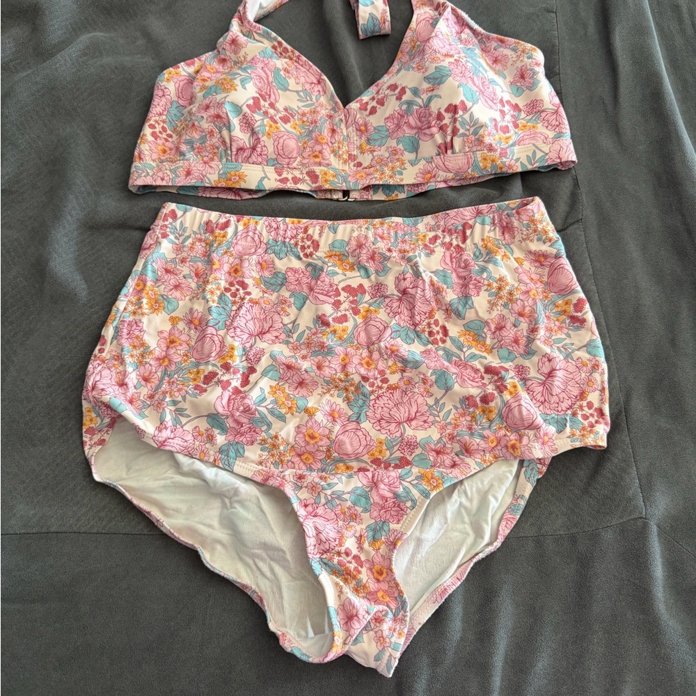 Meet Curve Floral High-Waist Swimsuit in Pink
